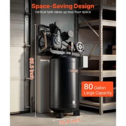 VEVOR 80 Gallons Heavy-Duty Air Compressor, 10HP 17 SCFM at 90PSI Air Compressors Max 175PSI, Oil-Lubricated Compressor Tank for Industrial Manufacturing, Large Workshops (230V 3-Phase, No Plug)