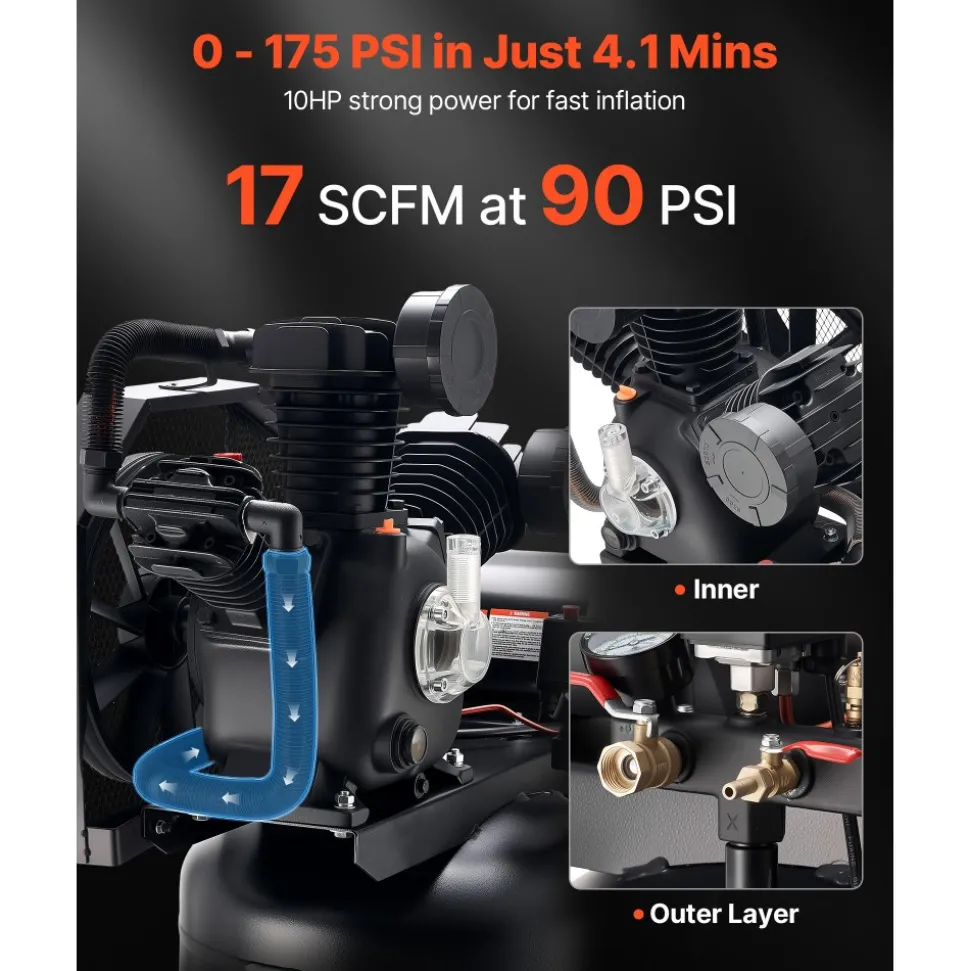 VEVOR 80 Gallons Heavy-Duty Air Compressor, 10HP 17 SCFM at 90PSI Air Compressors Max 175PSI, Oil-Lubricated Compressor Tank for Industrial Manufacturing, Large Workshops (230V 3-Phase, No Plug)