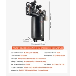 VEVOR 80 Gallons Heavy-Duty Air Compressor, 10HP 17 SCFM at 90PSI Air Compressors Max 175PSI, Oil-Lubricated Compressor Tank for Industrial Manufacturing, Large Workshops (230V 3-Phase, No Plug)