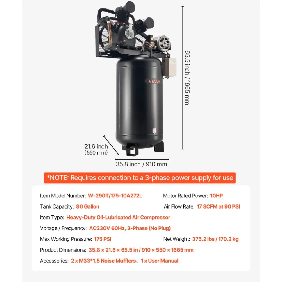 VEVOR 80 Gallons Heavy-Duty Air Compressor, 10HP 17 SCFM at 90PSI Air Compressors Max 175PSI, Oil-Lubricated Compressor Tank for Industrial Manufacturing, Large Workshops (230V 3-Phase, No Plug)
