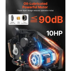VEVOR 80 Gallons Heavy-Duty Air Compressor, 10HP 17 SCFM at 90PSI Air Compressors Max 175PSI, Oil-Lubricated Compressor Tank for Industrial Manufacturing, Large Workshops (230V 3-Phase, No Plug)