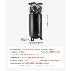 VEVOR 60 Gallons Heavy-Duty Air Compressor, 4HP 10SCFM at 90PSI Air Compressors with Max 125PSI Pressure, Oil-Free Compressor Tank for Industrial Manufacturing, Large Workshops (230V 60Hz, No-Plug)