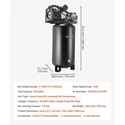 VEVOR 80 Gallons Heavy-Duty Air Compressor, 5HP 10 SCFM at 90PSI Air Compressors Max 175PSI Pressure, Oil-Lubricated Compressor Tank for Industrial Manufacturing, Large Workshops (230V 60Hz, No-Plug)