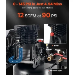 VEVOR 60 Gallons Heavy-Duty Air Compressor, 3.7HP 8 SCFM at 90PSI Air Compressors Max 155PSI Pressure, Oil-Lubricated Compressor Tank for Industrial Manufacturing, Large Workshops (230V 60Hz, No-Plug)
