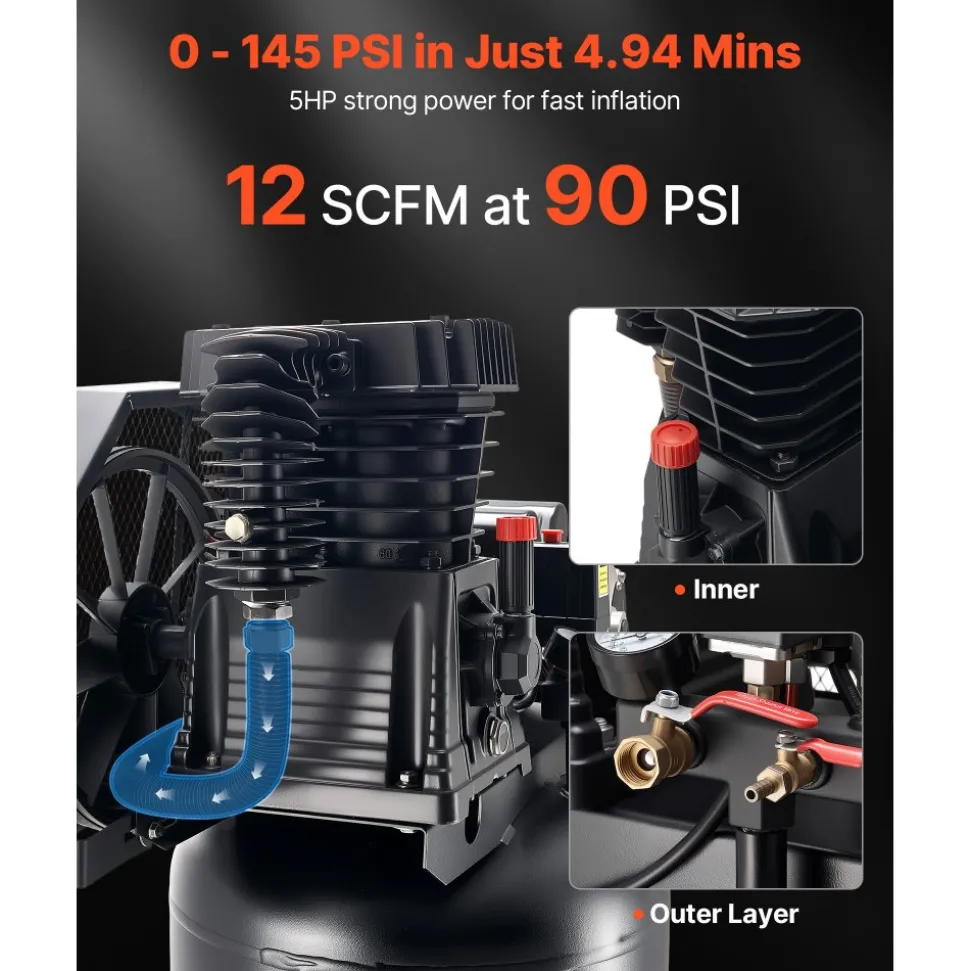 VEVOR 60 Gallons Heavy-Duty Air Compressor, 5HP 12 SCFM at 90PSI Air Compressors Max 145PSI Pressure, Oil-Lubricated Compressor Tank for Industrial Manufacturing, Large Workshops (230V 60Hz, No-Plug)