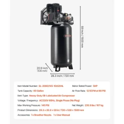 VEVOR 60 Gallons Heavy-Duty Air Compressor, 5HP 12 SCFM at 90PSI Air Compressors Max 145PSI Pressure, Oil-Lubricated Compressor Tank for Industrial Manufacturing, Large Workshops (230V 60Hz, No-Plug)
