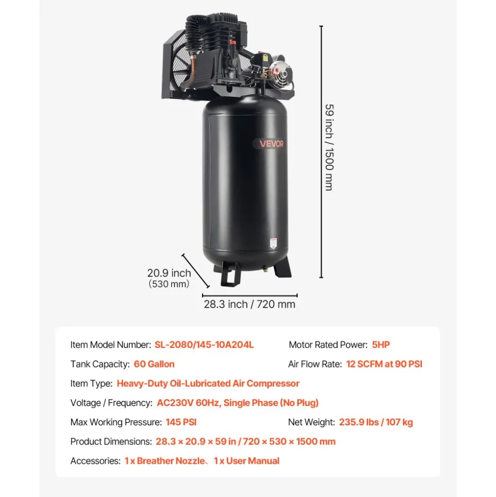VEVOR 60 Gallons Heavy-Duty Air Compressor, 5HP 12 SCFM at 90PSI Air Compressors Max 145PSI Pressure, Oil-Lubricated Compressor Tank for Industrial Manufacturing, Large Workshops (230V 60Hz, No-Plug)