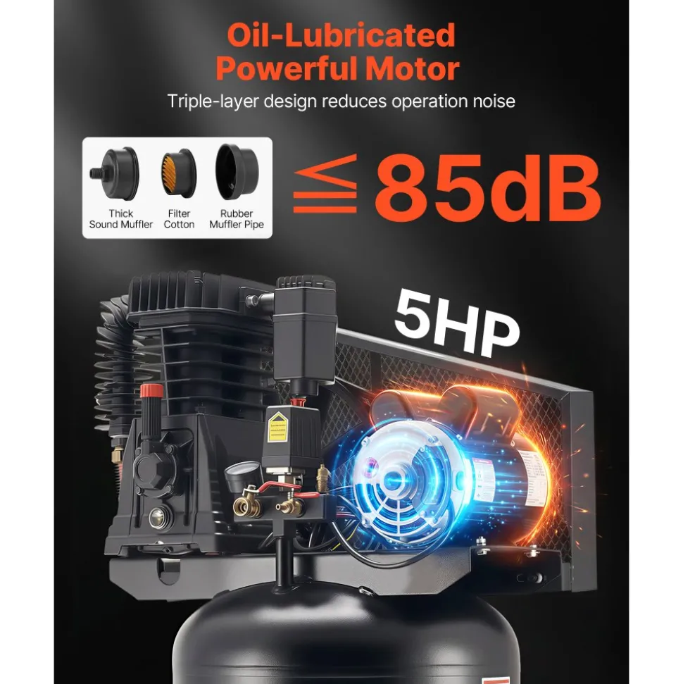 VEVOR 60 Gallons Heavy-Duty Air Compressor, 5HP 12 SCFM at 90PSI Air Compressors Max 145PSI Pressure, Oil-Lubricated Compressor Tank for Industrial Manufacturing, Large Workshops (230V 60Hz, No-Plug)