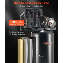 VEVOR 60 Gallons Heavy-Duty Air Compressor, 5HP 12 SCFM at 90PSI Air Compressors Max 145PSI Pressure, Oil-Lubricated Compressor Tank for Industrial Manufacturing, Large Workshops (230V 60Hz, No-Plug)
