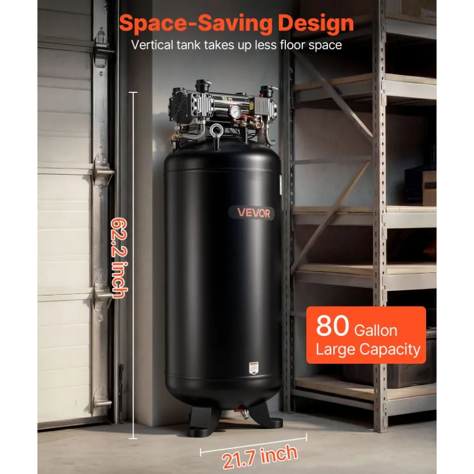 VEVOR 80 Gallons Heavy-Duty Air Compressor, 5HP 13.5SCFM at 90PSI Air Compressors Max 145PSI Pressure, Oil-Free Compressor Tank for Industrial Manufacturing, Large Workshops (230V 3-Phase, No Plug)