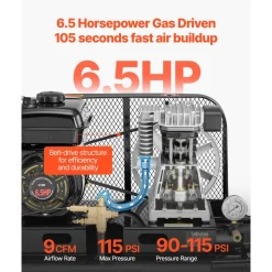 VEVOR 9 Gallon Twin-Tank Gas Powered Air Compressor, 6.5HP 9CFM Gas Driven Air Compressor Tank on Wheel, Max 115PSI Piston Pump Air-Compressed System for Tire Inflation, Auto Repairs, Spray Painting