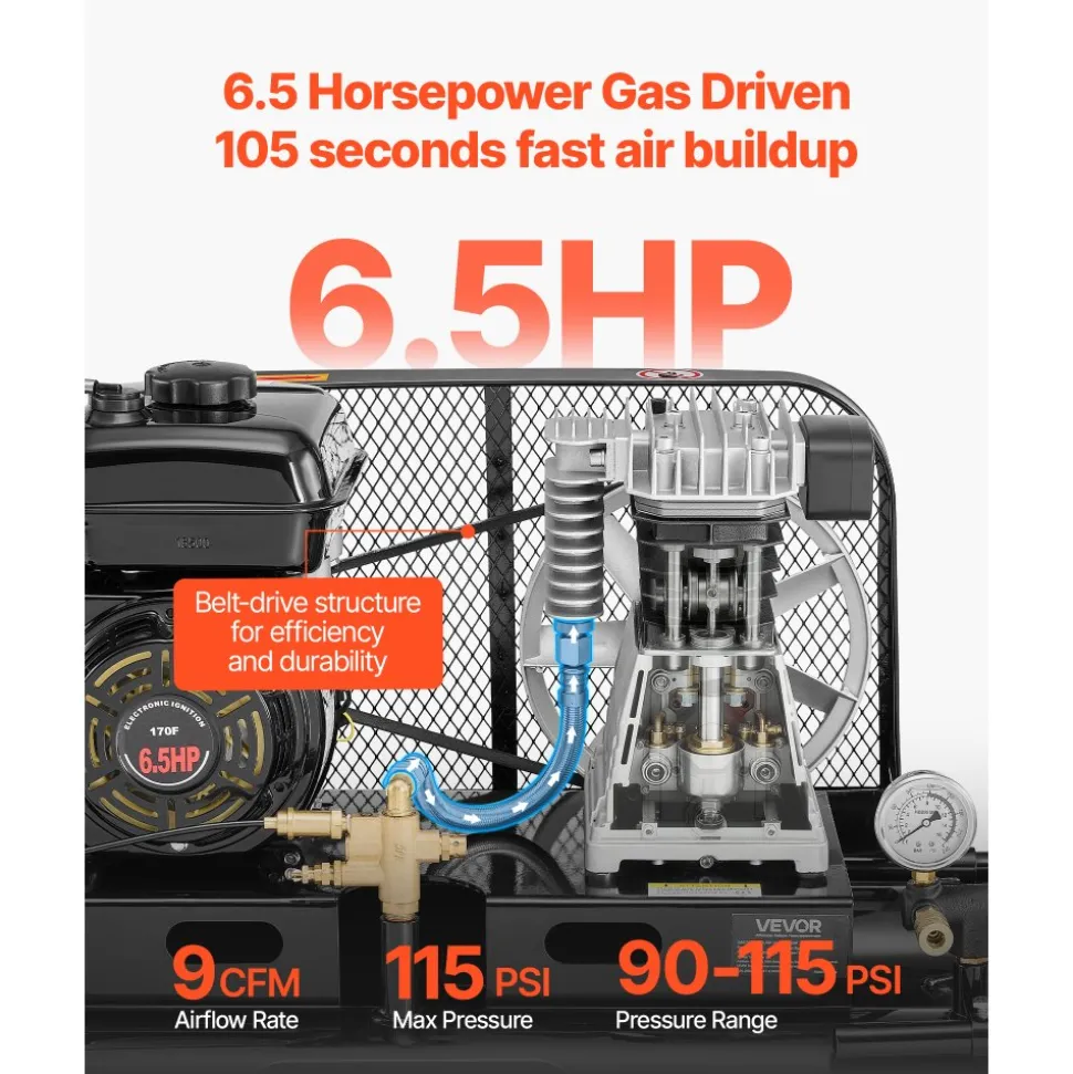 VEVOR 9 Gallon Twin-Tank Gas Powered Air Compressor, 6.5HP 9CFM Gas Driven Air Compressor Tank on Wheel, Max 115PSI Piston Pump Air-Compressed System for Tire Inflation, Auto Repairs, Spray Painting