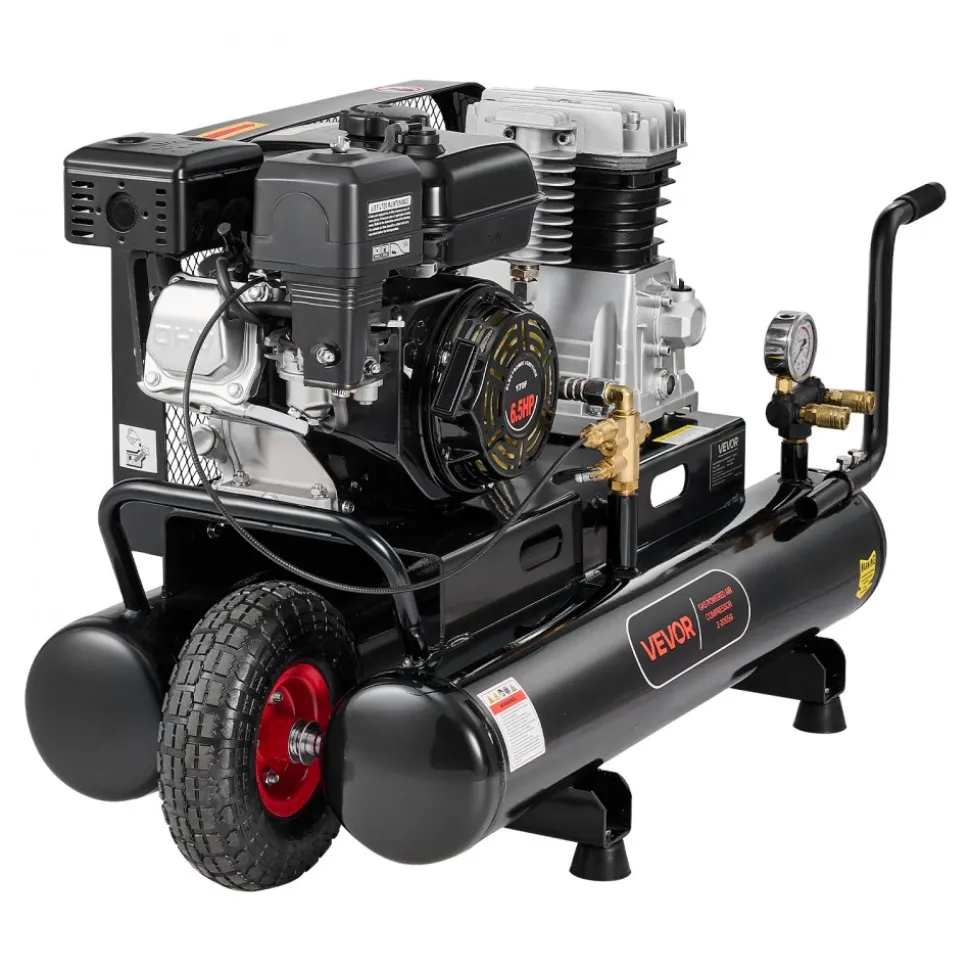 VEVOR 9 Gallon Twin-Tank Gas Powered Air Compressor, 6.5HP 9CFM Gas Driven Air Compressor Tank on Wheel, Max 115PSI Piston Pump Air-Compressed System for Tire Inflation, Auto Repairs, Spray Painting