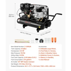 VEVOR 9 Gallon Twin-Tank Gas Powered Air Compressor, 6.5HP 9CFM Gas Driven Air Compressor Tank on Wheel, Max 115PSI Piston Pump Air-Compressed System for Tire Inflation, Auto Repairs, Spray Painting