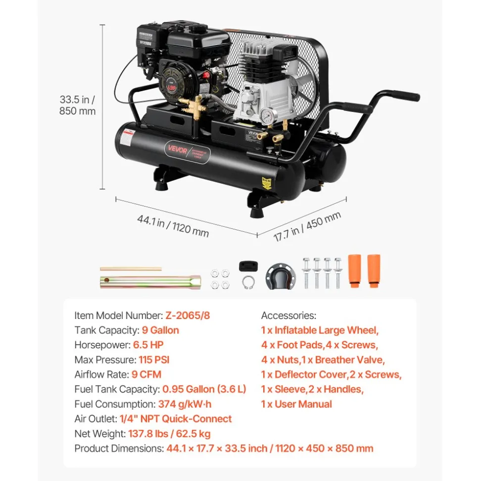 VEVOR 9 Gallon Twin-Tank Gas Powered Air Compressor, 6.5HP 9CFM Gas Driven Air Compressor Tank on Wheel, Max 115PSI Piston Pump Air-Compressed System for Tire Inflation, Auto Repairs, Spray Painting