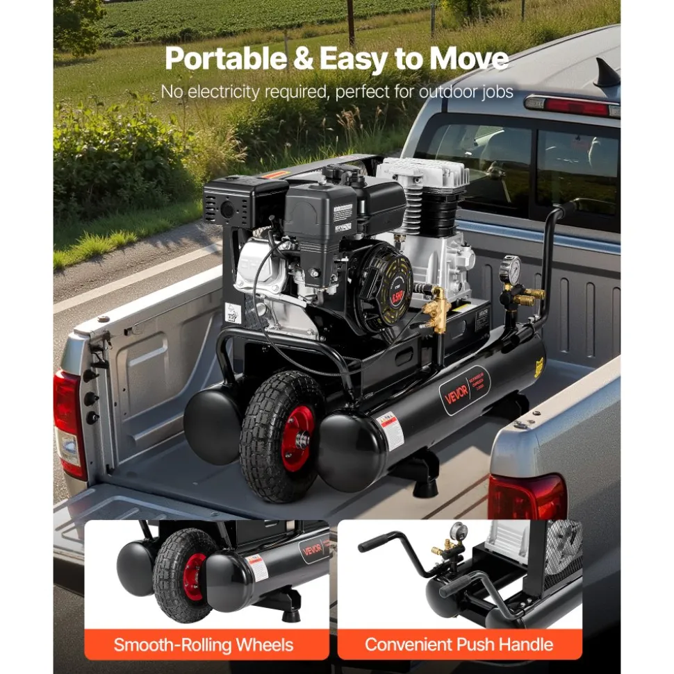 VEVOR 9 Gallon Twin-Tank Gas Powered Air Compressor, 6.5HP 9CFM Gas Driven Air Compressor Tank on Wheel, Max 115PSI Piston Pump Air-Compressed System for Tire Inflation, Auto Repairs, Spray Painting