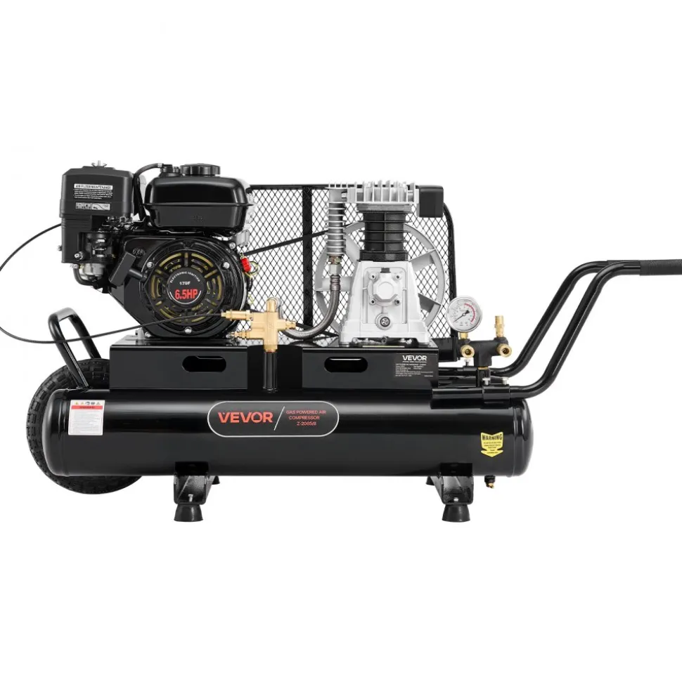 VEVOR 9 Gallon Twin-Tank Gas Powered Air Compressor, 6.5HP 9CFM Gas Driven Air Compressor Tank on Wheel, Max 115PSI Piston Pump Air-Compressed System for Tire Inflation, Auto Repairs, Spray Painting
