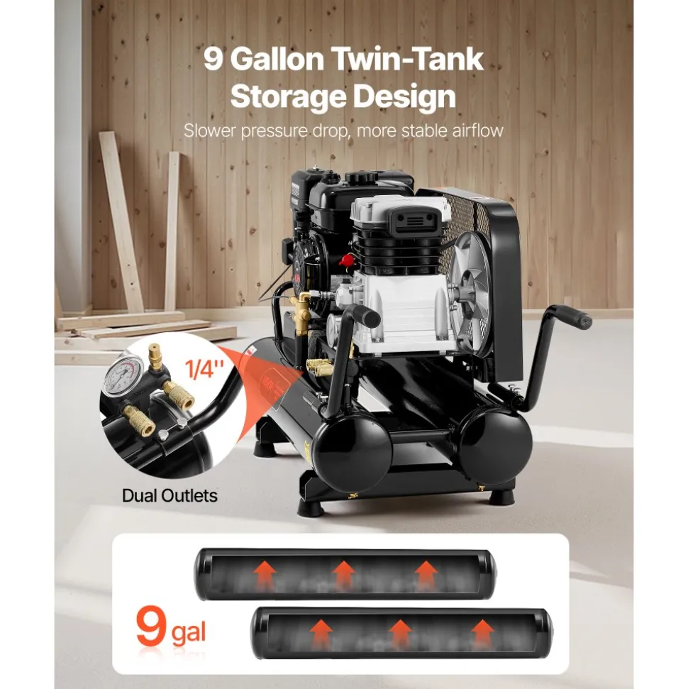 VEVOR 9 Gallon Twin-Tank Gas Powered Air Compressor, 6.5HP 9CFM Gas Driven Air Compressor Tank on Wheel, Max 115PSI Piston Pump Air-Compressed System for Tire Inflation, Auto Repairs, Spray Painting
