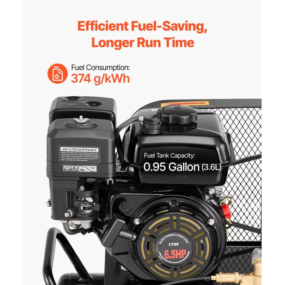 VEVOR 9 Gallon Twin-Tank Gas Powered Air Compressor, 6.5HP 9CFM Gas Driven Air Compressor Tank on Wheel, Max 115PSI Piston Pump Air-Compressed System for Tire Inflation, Auto Repairs, Spray Painting