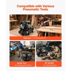VEVOR 9 Gallon Twin-Tank Gas Powered Air Compressor, 6.5HP 9CFM Gas Driven Air Compressor Tank on Wheel, Max 115PSI Piston Pump Air-Compressed System for Tire Inflation, Auto Repairs, Spray Painting