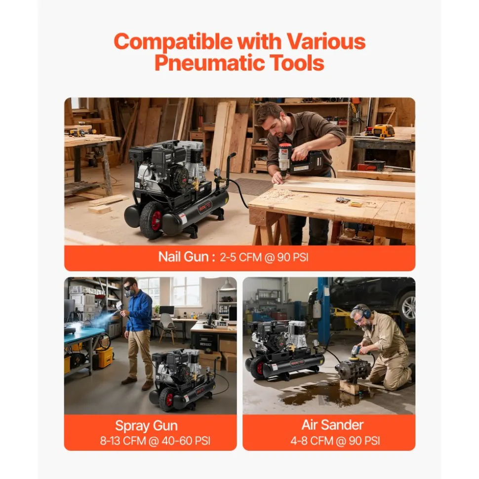 VEVOR 9 Gallon Twin-Tank Gas Powered Air Compressor, 6.5HP 9CFM Gas Driven Air Compressor Tank on Wheel, Max 115PSI Piston Pump Air-Compressed System for Tire Inflation, Auto Repairs, Spray Painting