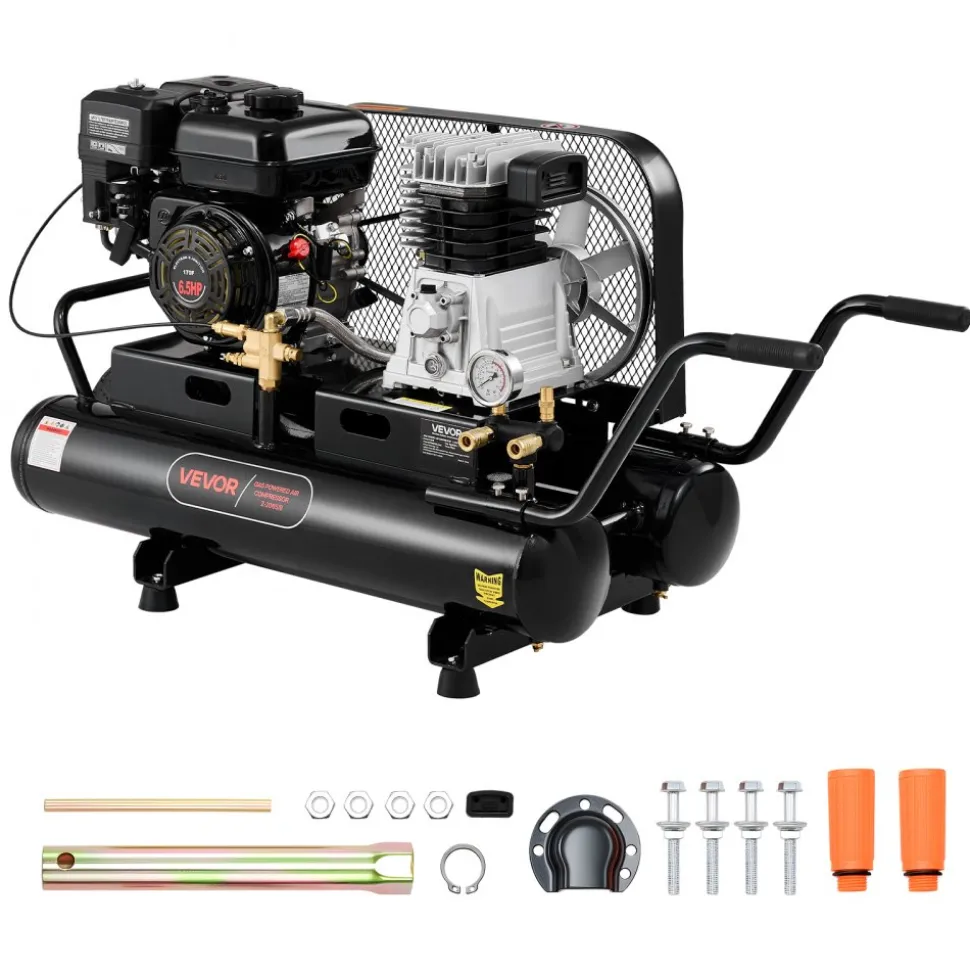 VEVOR 9 Gallon Twin-Tank Gas Powered Air Compressor, 6.5HP 9CFM Gas Driven Air Compressor Tank on Wheel, Max 115PSI Piston Pump Air-Compressed System for Tire Inflation, Auto Repairs, Spray Painting