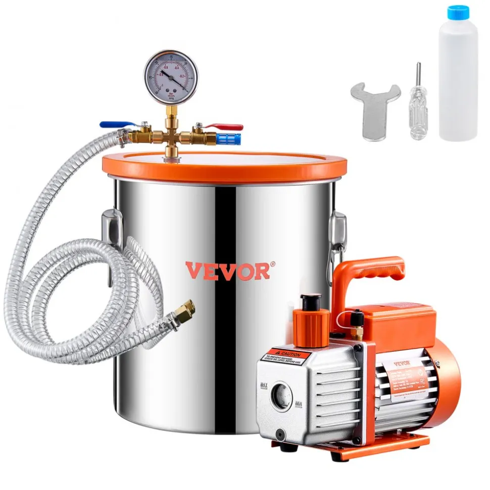 VEVOR 5 Gallon Vacuum Chamber and 3.5 CFM Pump Kit, Stainless Steel Chamber, Single Stage Vacuum Pump Degassing Chamber Kit, with Acrylic Lid, Oil, 4.92 ft Hose, for Degassing Resin Silicone Epoxies