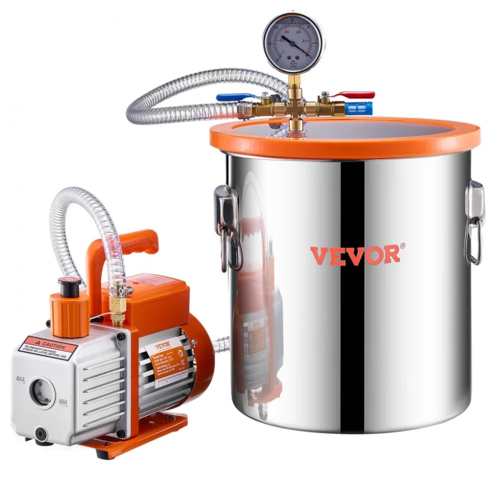 VEVOR 5 Gallon Vacuum Chamber and 3.5 CFM Pump Kit, Stainless Steel Chamber, Single Stage Vacuum Pump Degassing Chamber Kit, with Acrylic Lid, Oil, 4.92 ft Hose, for Degassing Resin Silicone Epoxies