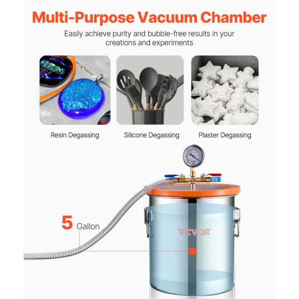 VEVOR 5 Gallon Vacuum Chamber and 3.5 CFM Pump Kit, Stainless Steel Chamber, Single Stage Vacuum Pump Degassing Chamber Kit, with Acrylic Lid, Oil, 4.92 ft Hose, for Degassing Resin Silicone Epoxies