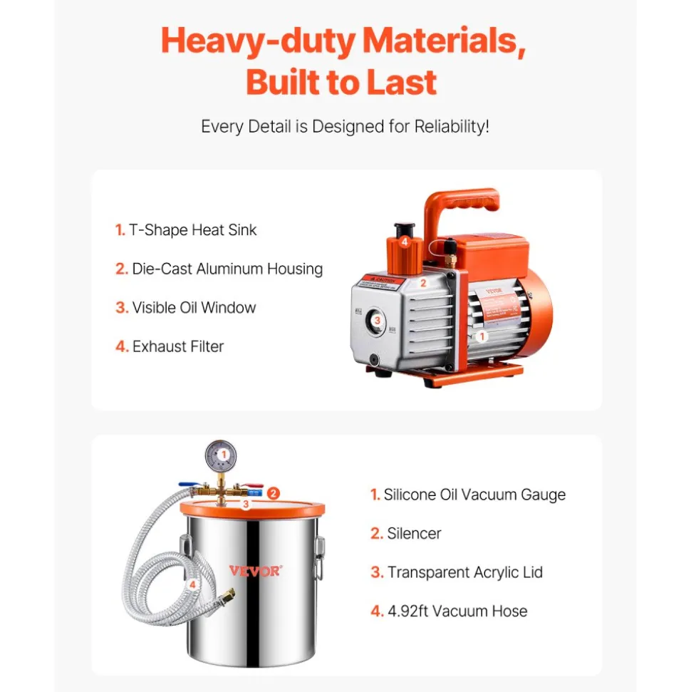 VEVOR 5 Gallon Vacuum Chamber and 3.5 CFM Pump Kit, Stainless Steel Chamber, Single Stage Vacuum Pump Degassing Chamber Kit, with Acrylic Lid, Oil, 4.92 ft Hose, for Degassing Resin Silicone Epoxies