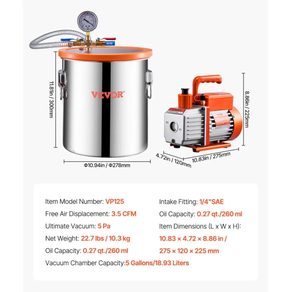 VEVOR 5 Gallon Vacuum Chamber and 3.5 CFM Pump Kit, Stainless Steel Chamber, Single Stage Vacuum Pump Degassing Chamber Kit, with Acrylic Lid, Oil, 4.92 ft Hose, for Degassing Resin Silicone Epoxies