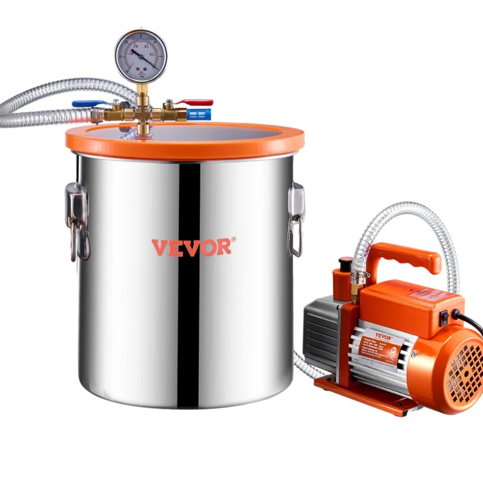 VEVOR 5 Gallon Vacuum Chamber and 3.5 CFM Pump Kit, Stainless Steel Chamber, Single Stage Vacuum Pump Degassing Chamber Kit, with Acrylic Lid, Oil, 4.92 ft Hose, for Degassing Resin Silicone Epoxies