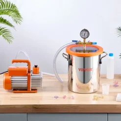 VEVOR 3 Gallon Vacuum Chamber and 3.5 CFM Pump Kit, Stainless Steel Chamber, Single Stage Vacuum Pump Degassing Chamber Kit, with Acrylic Lid, Oil, 4.92 ft Hose, for Degassing Resin Silicone Epoxies