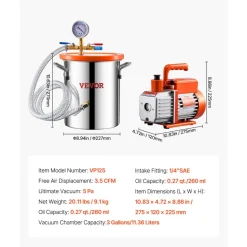 VEVOR 3 Gallon Vacuum Chamber and 3.5 CFM Pump Kit, Stainless Steel Chamber, Single Stage Vacuum Pump Degassing Chamber Kit, with Acrylic Lid, Oil, 4.92 ft Hose, for Degassing Resin Silicone Epoxies