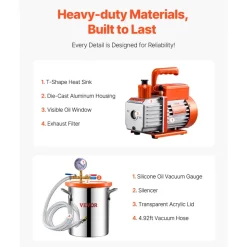VEVOR 3 Gallon Vacuum Chamber and 3.5 CFM Pump Kit, Stainless Steel Chamber, Single Stage Vacuum Pump Degassing Chamber Kit, with Acrylic Lid, Oil, 4.92 ft Hose, for Degassing Resin Silicone Epoxies