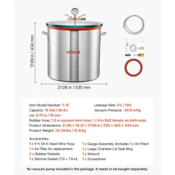 VEVOR 15 Gallon Vacuum Chamber, Aluminum Alloy, Vacuum Degassing Chamber with Tempered Glass Lid, Hose, Air Filter, for Resin Casting, Stabilizing Wood, Degassing Silicone, Epoxies, Essential Oils