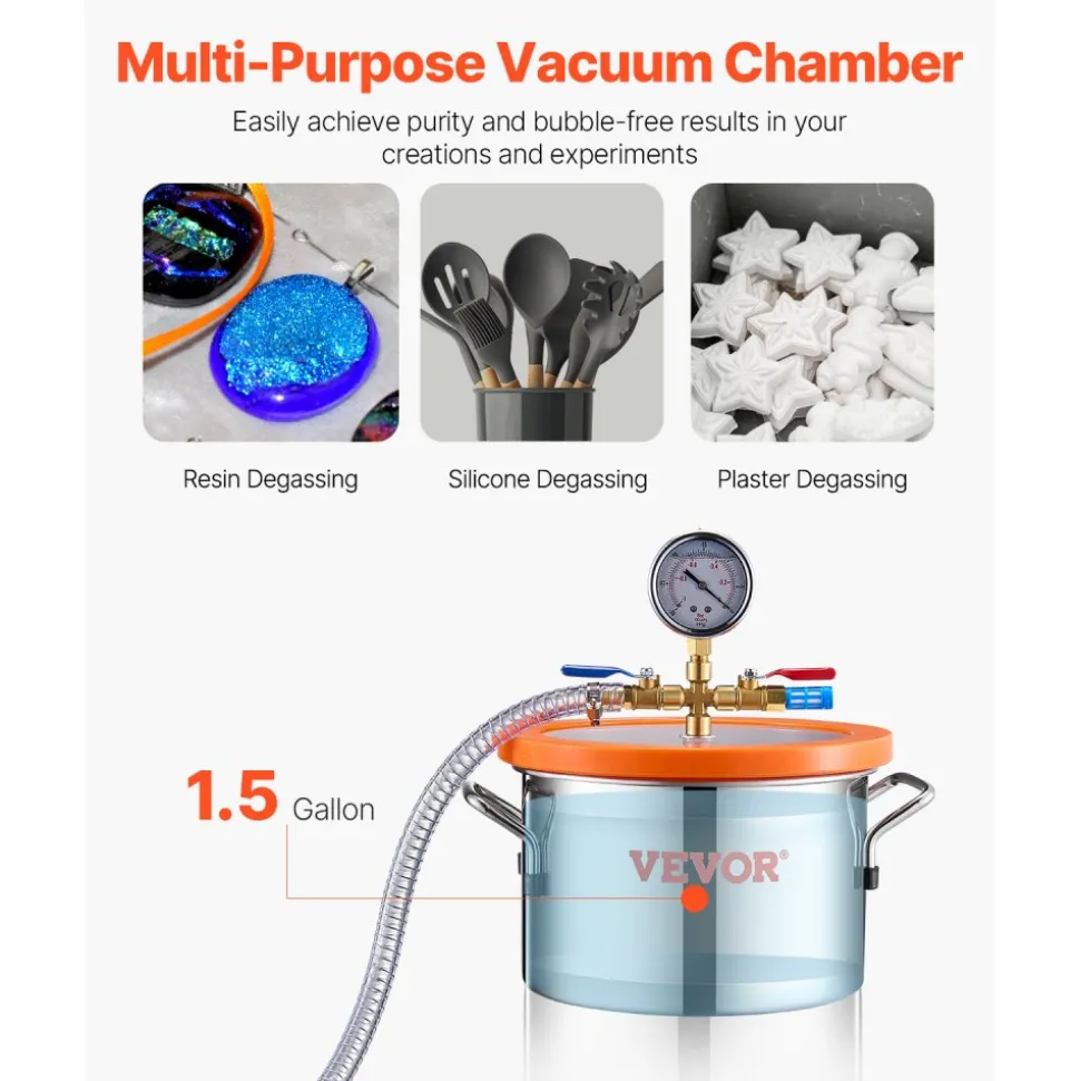 VEVOR 1.5 Gallon Vacuum Chamber and 3.5 CFM Pump Kit, Stainless Steel Chamber, Single Stage Vacuum Pump Degassing Chamber Kit, with Acrylic Lid, Oil, 4.92 ft Hose, for Degassing Resin Silicone Epoxies