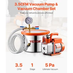 VEVOR 1.5 Gallon Vacuum Chamber and 3.5 CFM Pump Kit, Stainless Steel Chamber, Single Stage Vacuum Pump Degassing Chamber Kit, with Acrylic Lid, Oil, 4.92 ft Hose, for Degassing Resin Silicone Epoxies