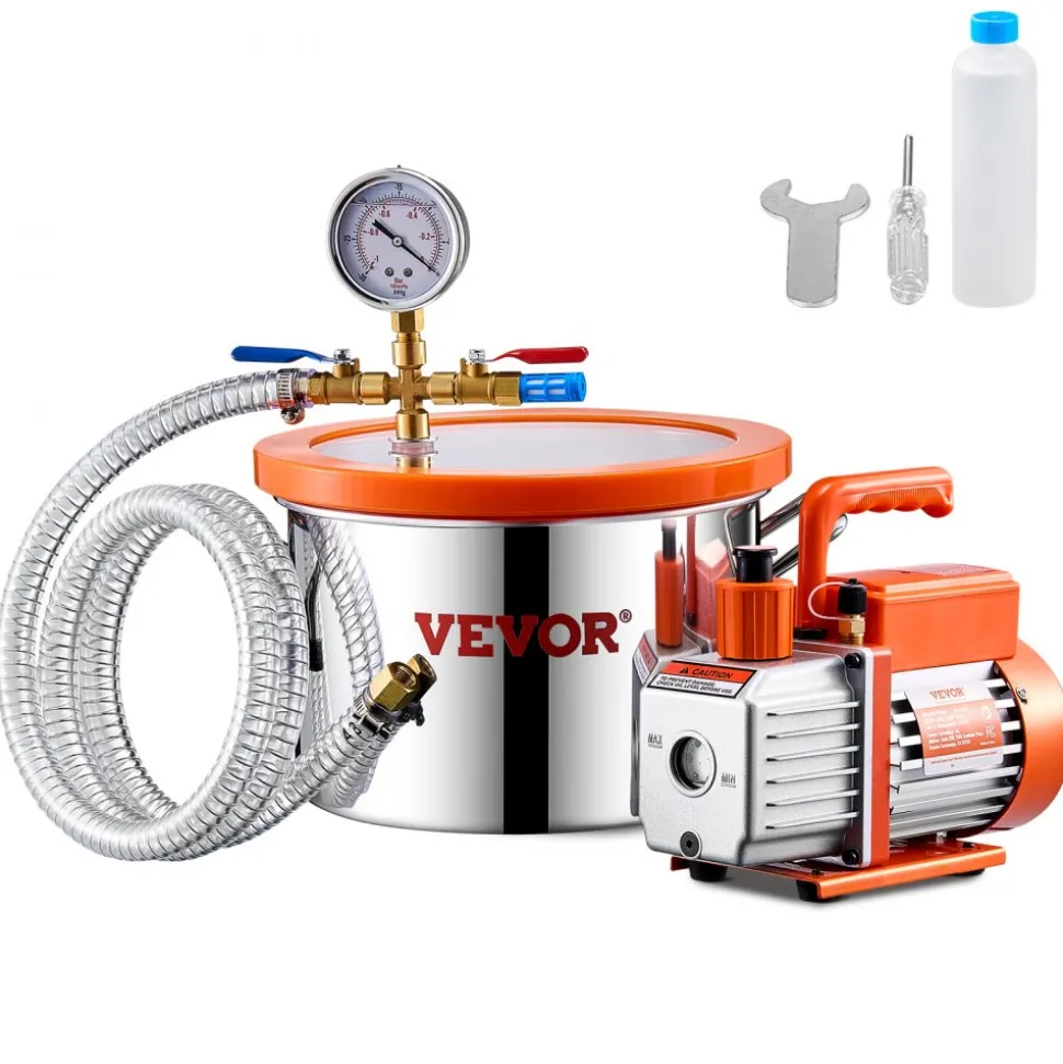 VEVOR 1.5 Gallon Vacuum Chamber and 3.5 CFM Pump Kit, Stainless Steel Chamber, Single Stage Vacuum Pump Degassing Chamber Kit, with Acrylic Lid, Oil, 4.92 ft Hose, for Degassing Resin Silicone Epoxies