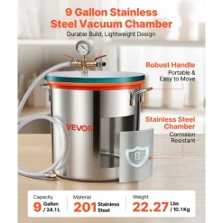 VEVOR 9 Gallon Vacuum Chamber, Stainless Steel, Vacuum Degassing Chamber with Tempered Glass Lid, Hose, Air Filter, for Resin Casting, Stabilizing Wood, Degassing Silicone, Epoxies, Essential Oils