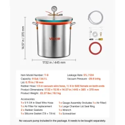 VEVOR 9 Gallon Vacuum Chamber, Stainless Steel, Vacuum Degassing Chamber with Tempered Glass Lid, Hose, Air Filter, for Resin Casting, Stabilizing Wood, Degassing Silicone, Epoxies, Essential Oils