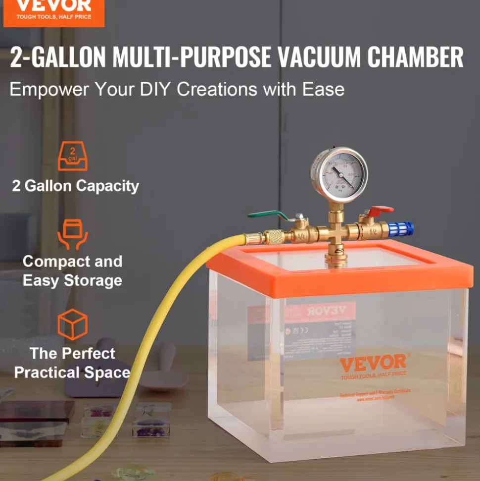 VEVOR 2 Gallon Vacuum Chamber, Upgraded Multipurpose Acrylic Vacuum Degassing Chamber, Transparent Vacuum Chamber, for Resin Degassing, Silica Gel Degassing, Gypsum Degassing and Vacuum Extraction