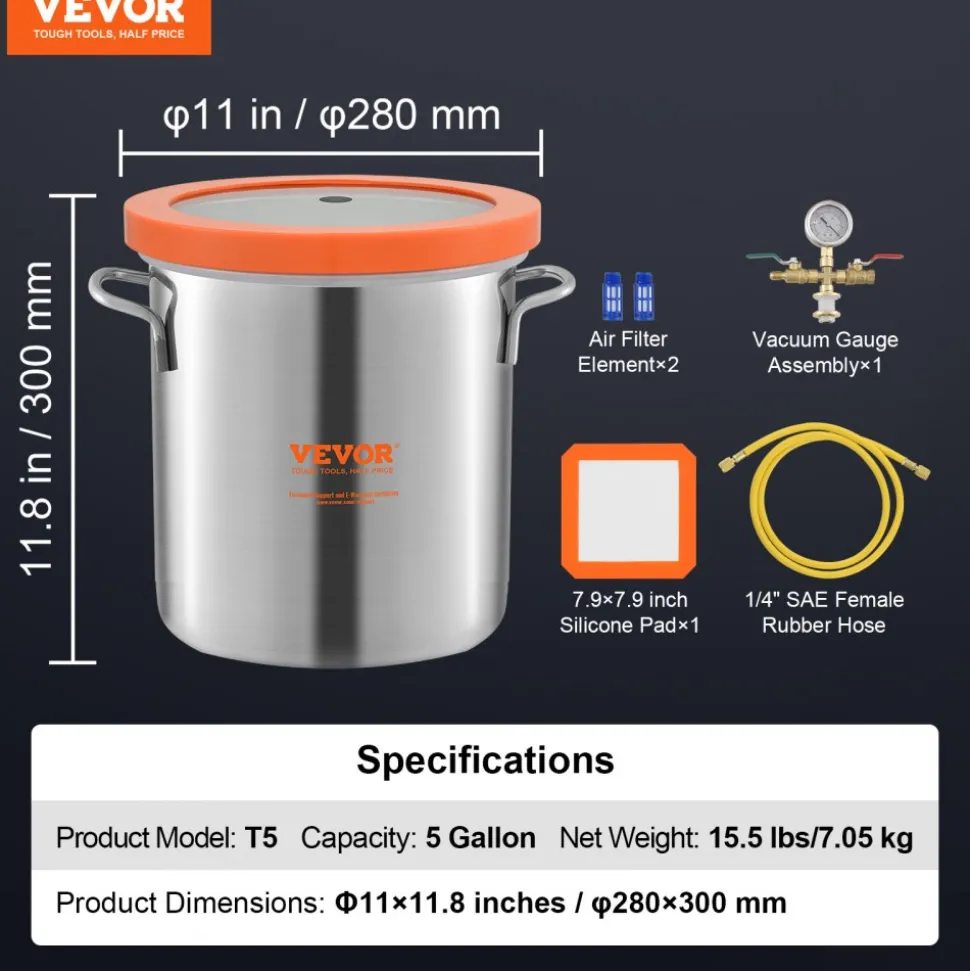 VEVOR 5 Gallon Vacuum Chamber, Upgraded Tempered Glass Lid Vacuum Degassing Chamber, 304 Stainless Steel Chamber, for Stabilizing Wood, Resin Degassing, Silicone Degassing and Plaster Degassing