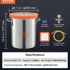 VEVOR 3 Gallon Vacuum Chamber, Upgraded Tempered Glass Lid Vacuum Degassing Chamber, 304 Stainless Steel Chamber, for Stabilizing Wood, Resin Degassing, Silicone Degassing and Plaster Degassing