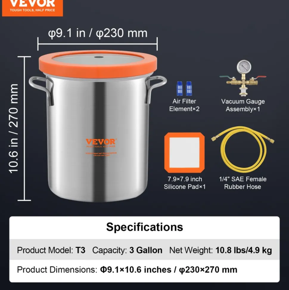 VEVOR 3 Gallon Vacuum Chamber, Upgraded Tempered Glass Lid Vacuum Degassing Chamber, 304 Stainless Steel Chamber, for Stabilizing Wood, Resin Degassing, Silicone Degassing and Plaster Degassing