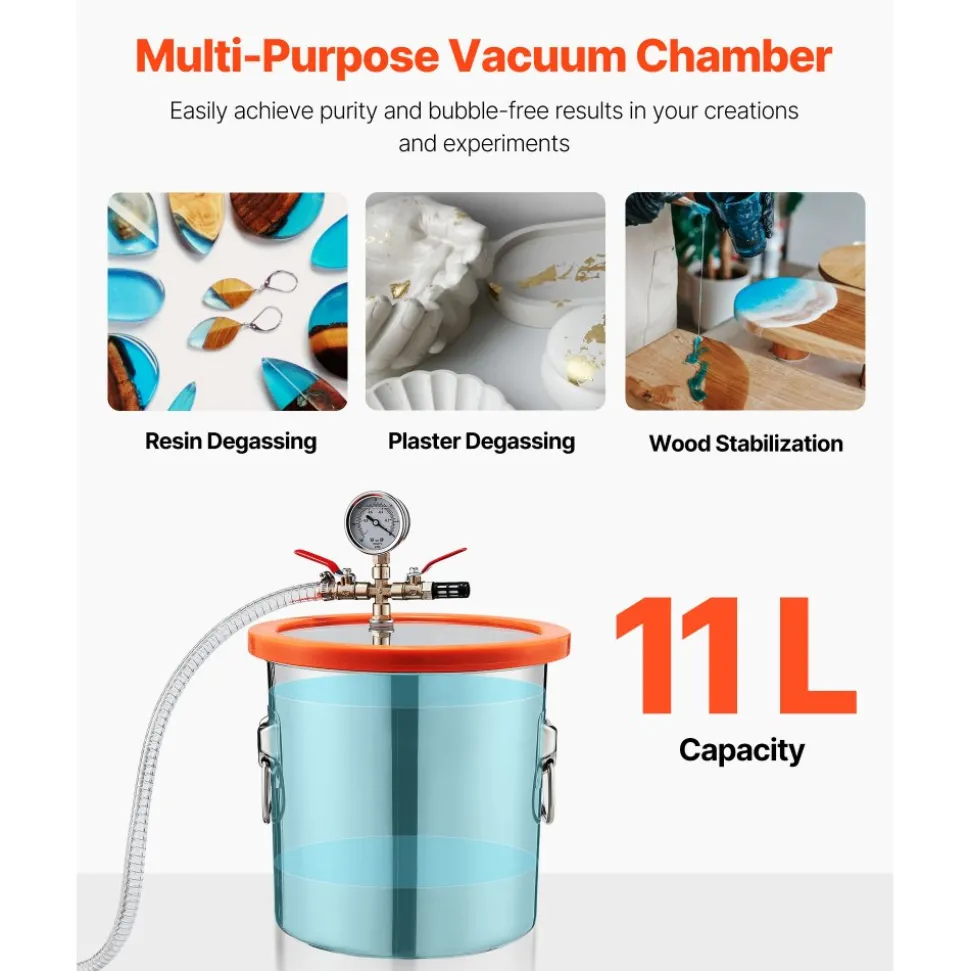 VEVOR 3 Gallon Vacuum Chamber with Pump, 3.5 CFM, Stainless Steel Degassing Chamber Kit, Single Stage Vacuum Pump, Tempered Glass Lid, 4.92 ft Hose, Oil, for Stabilizing Wood Degassing Silicone Resin