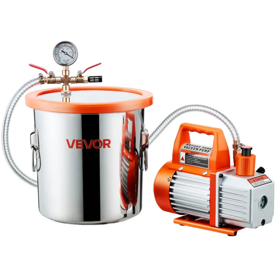VEVOR 3 Gallon Vacuum Chamber with Pump, 3.5 CFM, Stainless Steel Degassing Chamber Kit, Single Stage Vacuum Pump, Tempered Glass Lid, 4.92 ft Hose, Oil, for Stabilizing Wood Degassing Silicone Resin