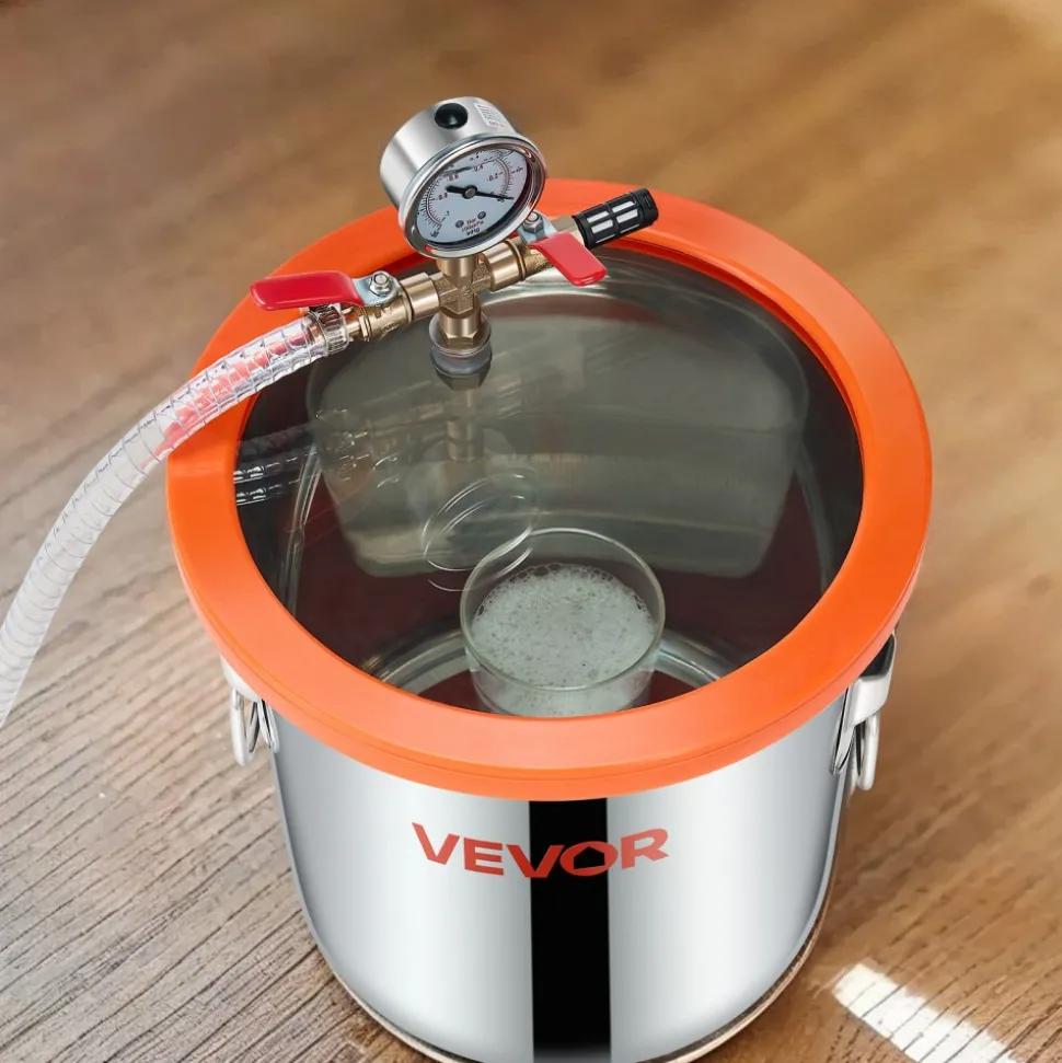 VEVOR 3 Gallon Vacuum Chamber with Pump, 3.5 CFM, Stainless Steel Degassing Chamber Kit, Single Stage Vacuum Pump, Tempered Glass Lid, 4.92 ft Hose, Oil, for Stabilizing Wood Degassing Silicone Resin