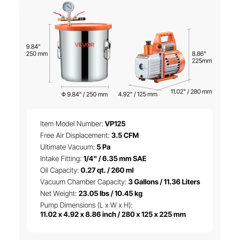 VEVOR 3 Gallon Vacuum Chamber with Pump, 3.5 CFM, Stainless Steel Degassing Chamber Kit, Single Stage Vacuum Pump, Tempered Glass Lid, 4.92 ft Hose, Oil, for Stabilizing Wood Degassing Silicone Resin