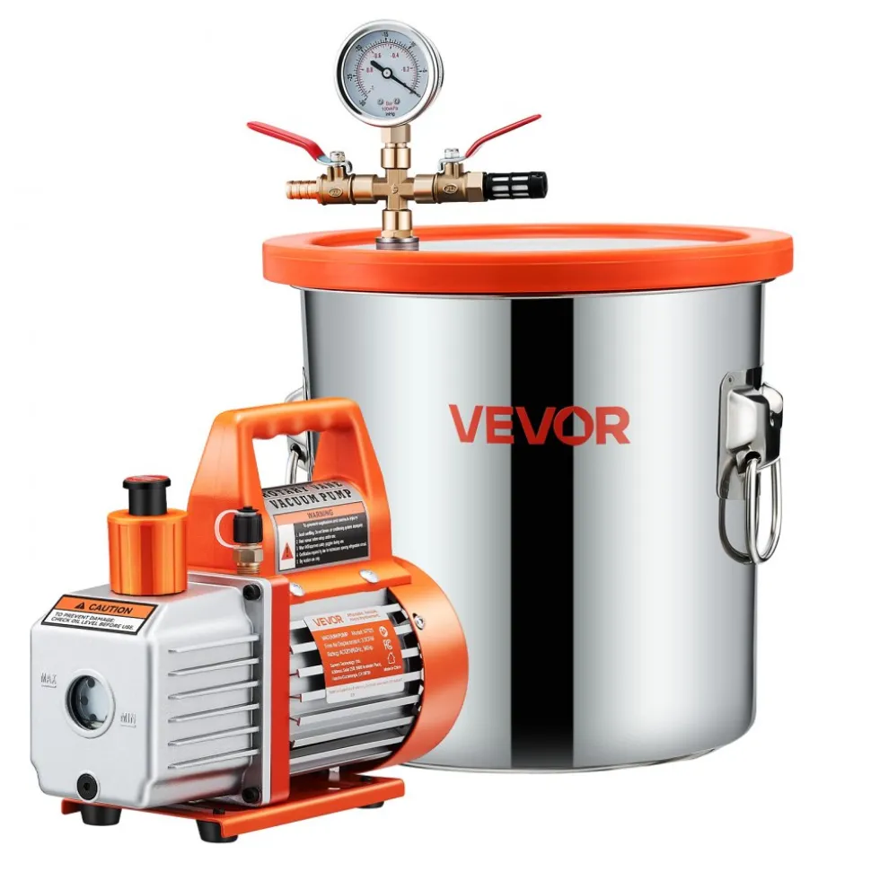 VEVOR 3 Gallon Vacuum Chamber with Pump, 3.5 CFM, Stainless Steel Degassing Chamber Kit, Single Stage Vacuum Pump, Tempered Glass Lid, 4.92 ft Hose, Oil, for Stabilizing Wood Degassing Silicone Resin
